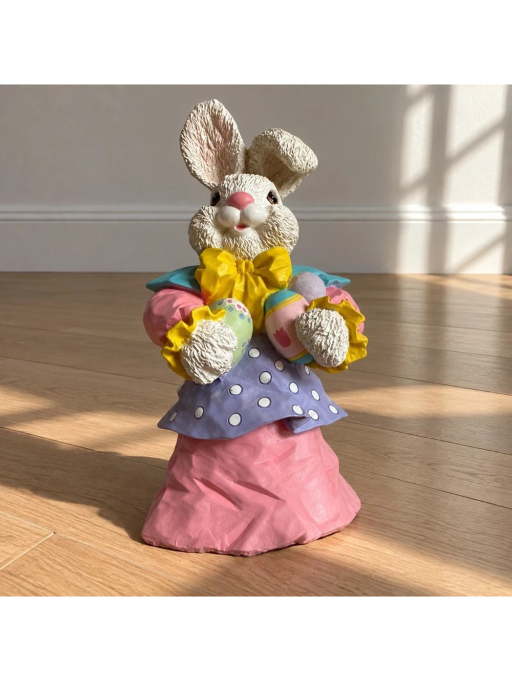 Vintage 1990s Easter Bunny Rabbit Figurine 14" Pastel Egg Spring Decor